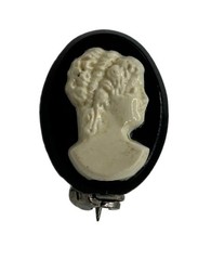 Vintage Cameo Brooch Pin Black White Lady Profile Carved Style 0.66”