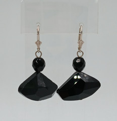 VTG 925 Earrings 1in Wide Black Faceted Glass Sterling Silver Ear Wire Art Deco