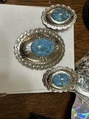 Vintage Turquoise Set Brooch & Earrings In Silver Plated Metal