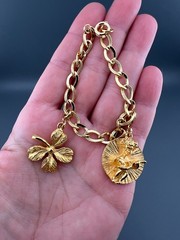 Vintage Charm Bracelet Gold Tone Curb Link Good Luck Clover Mandolin Germany