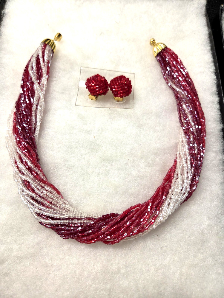 Vtg gold tone red white glass tube mutli strand Earrings Necklace Set