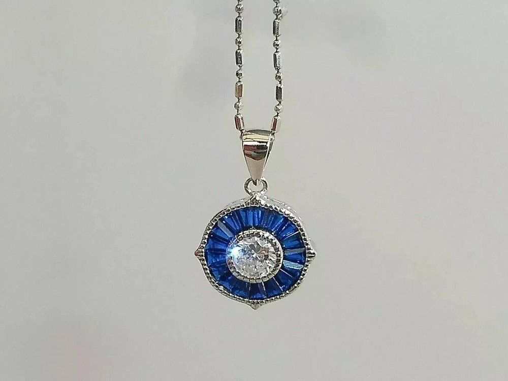 Art Deco Style Lab Created Diamond Sapphire Engagement 14K White Gold FN Pendant