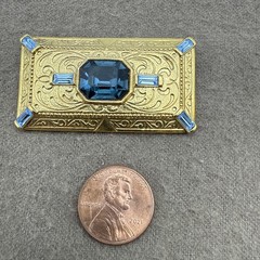 Vintage Rectangle Gold Tone With Blue Glass Rhinestones Pin Brooch