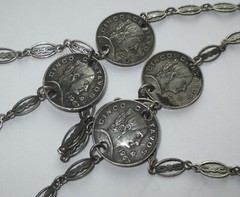 30in VINTAGE 1967 CINCO CENTAVOS MEXICO COIN SILVER PLATED ORNATE CHAIN NECKLACE