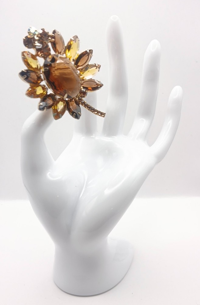 Vintage Gold Tone Smoky Quartz Brown Rhinestone Navette Flower Brooch Pin