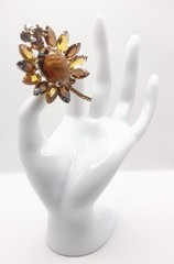 Vintage Gold Tone Smoky Quartz Brown Rhinestone Navette Flower Brooch Pin