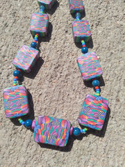 Vintage Polymer Clay Necklace 18in Blue Pink Purple Rectangle Beaded