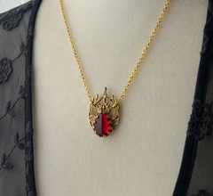 Victorian Revival Necklace Gothic Filigree Red Czech Glass Pendant