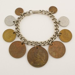 Vintage World Traveler Foreign Coin Charm Bracelet Mid-Century 1950s to 1960s