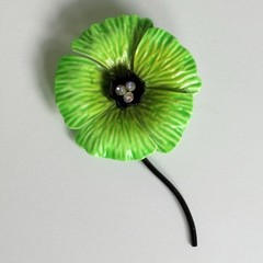 Mod Vintage 1960’s Lime Green Enamel & Rhinestone Poppy Flower Brooch Pin