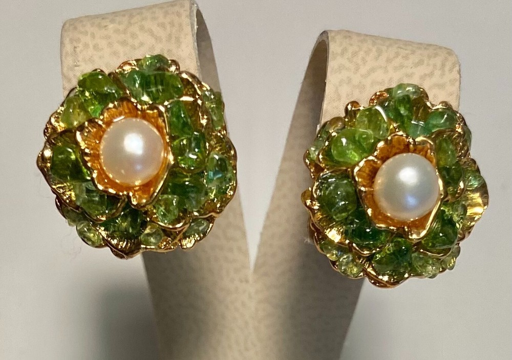 AUTHENTIC SWOBODA FLOWER EARRINGS ~ PERIDOT, PEARL ~ PIERCED~STUNNING!