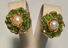 AUTHENTIC SWOBODA FLOWER EARRINGS ~ PERIDOT, PEARL ~ PIERCED~STUNNING!