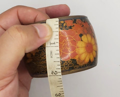 Vintage Wide Brass Floral Bangle Black Lacquer Enamel Statement Cuff Asian Style