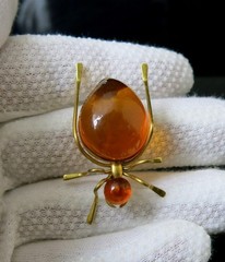 Vintage Natural Baltic Amber Beetle Brooch USSR Gold-Plated Pin 1965s