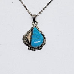 Vintage Old Pawn Sterling Silver Shadowbox Turquoise Pendant Necklace ~ 19″