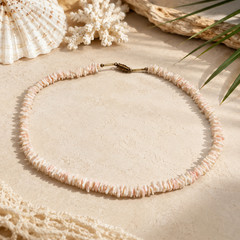 Vintage Pastel Pink Puka Shell Chip Necklace 17 In Beach Boho Choker Brass Clasp