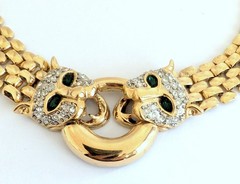 Gorgeous 1980’s Green Eyed Panthers Panther Link Choker Statement Necklace