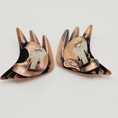 Rame Modernist Artisan Copper Fishbone Clip On Earrings Worn Distressed