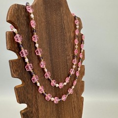 Vintage Flower Bead Necklace Pink Lucite Double Strand Gold Tone Findings Hippy