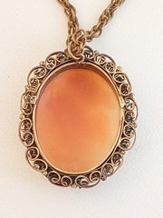 Vintage antique carved shell cameo pendant necklace gold filled harp goddess