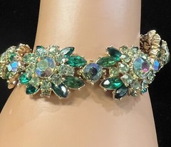Trifari Signed Green Gold Tone Rhinestone Flower Contessa Bracelet & Earrings