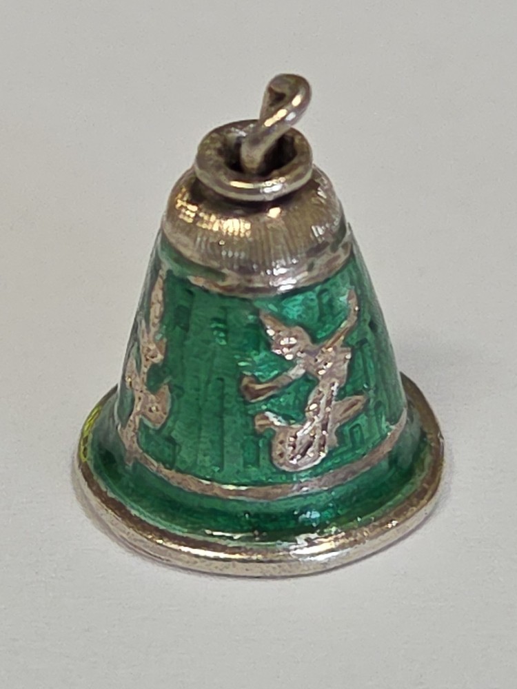 Sterling Silver ~ Siam Bell Charm ~ BEAUTIFUL GREEN ENAMEL ~ Pendant ~ VINTAGE
