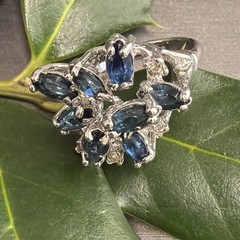 Vintage Spray Ring Estate Fine Jewelry Sz 7 18K White Gold Plated Blue Marquise