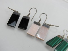 Vintage BOMA Sterling Silver Earrings Malachite Onyx Mother of Pearl Dangle 925