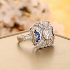 Art Deco Vintage Style Sapphire Lab Created Diamond Women’s Wedding Silver Ring