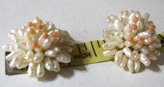 Vintage Rice Pearl Cluster Hand Strung Earrings Clip On Coral Bead Floral Clip