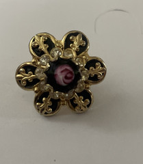 Vintage Romantic Rose & Black Enamel Gold Tone 3-Piece Brooch & Earrings Set JW1