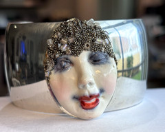 OOAK Clay Art Face Bracelet Cuff Silver-tone Metal VTG 1990s Iridescent Beads