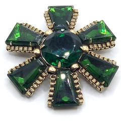 Vintage CZECH Glass Deep Green Brilliant & Tapered Baguette Rhinestone Brooch