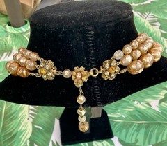 Miriam Haskell 3 Strand Golden Pearl Necklace.