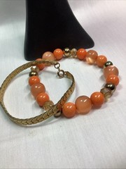 Lot 2 Expandable Coral Color Beads & Gold Tone Snakeskin Weave Bracelet L36