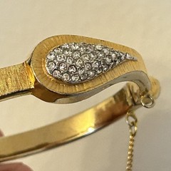 Hattie Carnegie Gold Tone Pave Rhinestone Hinged Bracelet + Clip On Earrings VTG