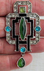 Silver Tone Multicolor Blue Green Rhinestone Brooch Art Deco Reproduction Design