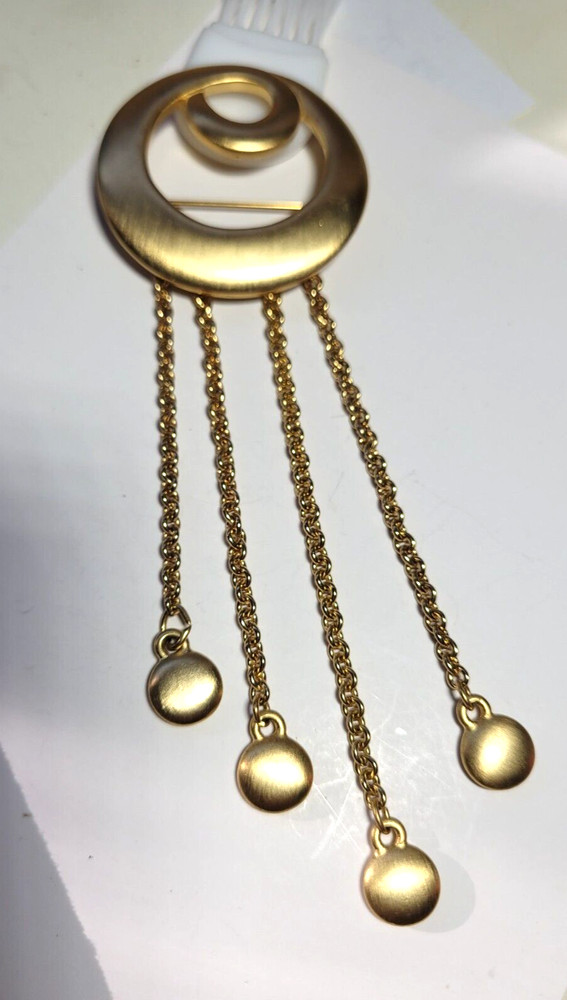 Tona Jewelry Signed 4″ Gold Design Swirl Brooch 4 Charms Dangling from 4 Chains