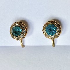 Halo Aquamarine Blue Rhinestone Vintage Gold Tone Vargas Screw Back Earrings