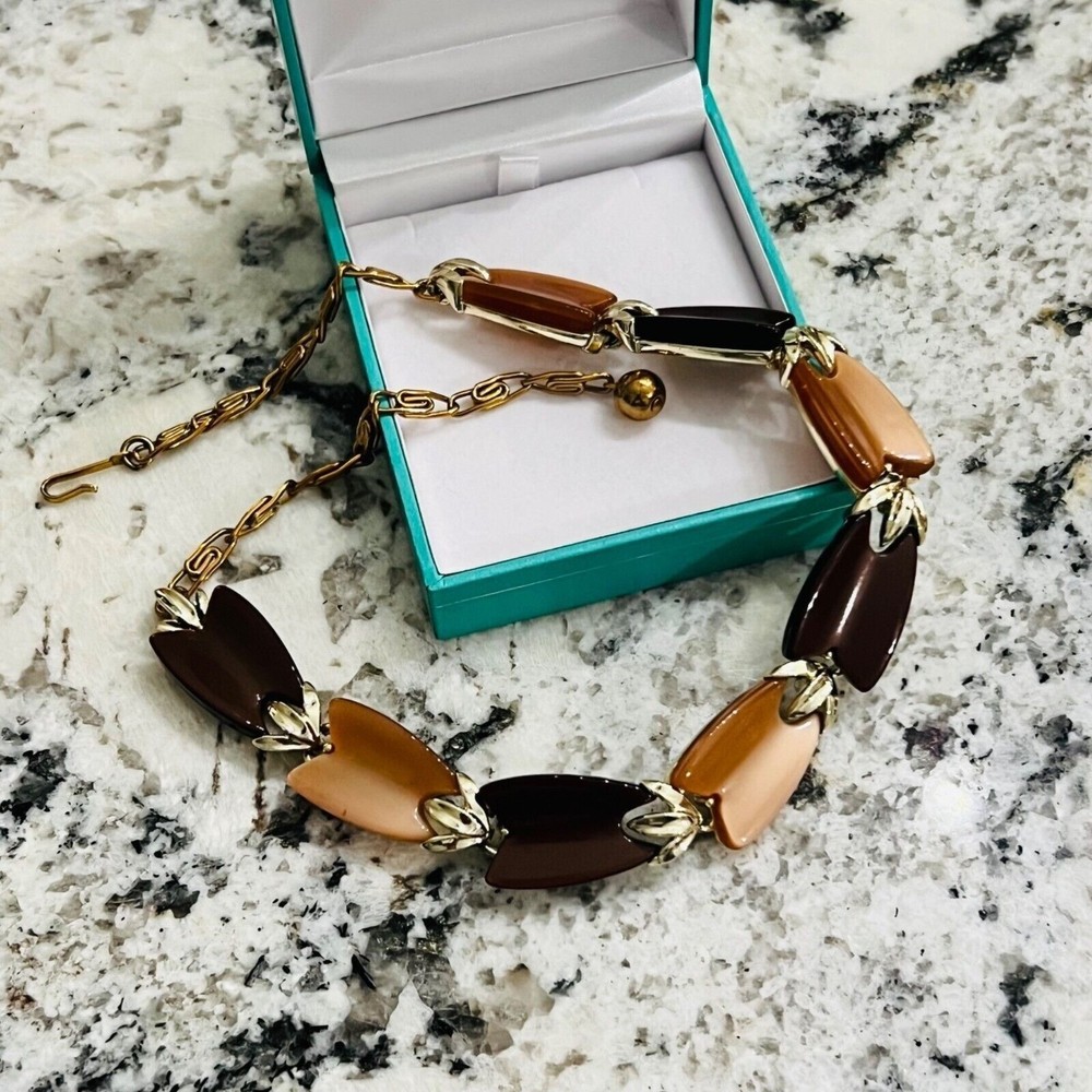 Vintage Mid Century Modern Thermoset Brown Tan Gold Tone Choker Necklace 50s 60s