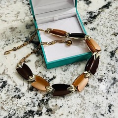 Vintage Mid Century Modern Thermoset Brown Tan Gold Tone Choker Necklace 50s 60s