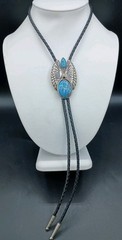 Vintage Bolo Tie Necklace Faux Turquoise Stone Inlay Braided Leather Lariat