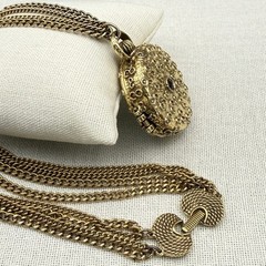 Vintage Goldette Trinket Locket Multi Strand Chain 30-42″ Blue Red Scrollwork