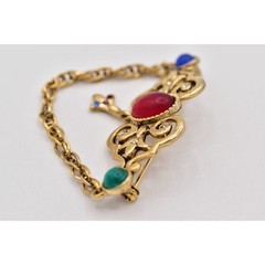 AJC Vintage Victorian Cabochon Pin Brooch Antiqued Gold Chain Signed 1980s BinBP