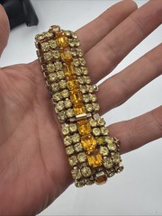 Vintage Amber Rhinestone Bracelet Gold Tone Triple Row Glows Green UV Reactive