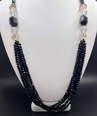 Vintage Black / Clear Crystal Bead Strand Necklace Art Deco Style 29in.