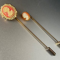 Cameo Lot Brooch & 2 Stick Pins Gold Tone Resin Faux Pearl Vintage UNBRANDED