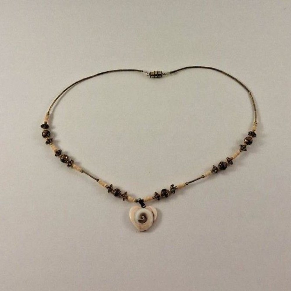 Artisan Beaded Choker with Natural Shell Pendant and Metal Beads 1970s – 1990s