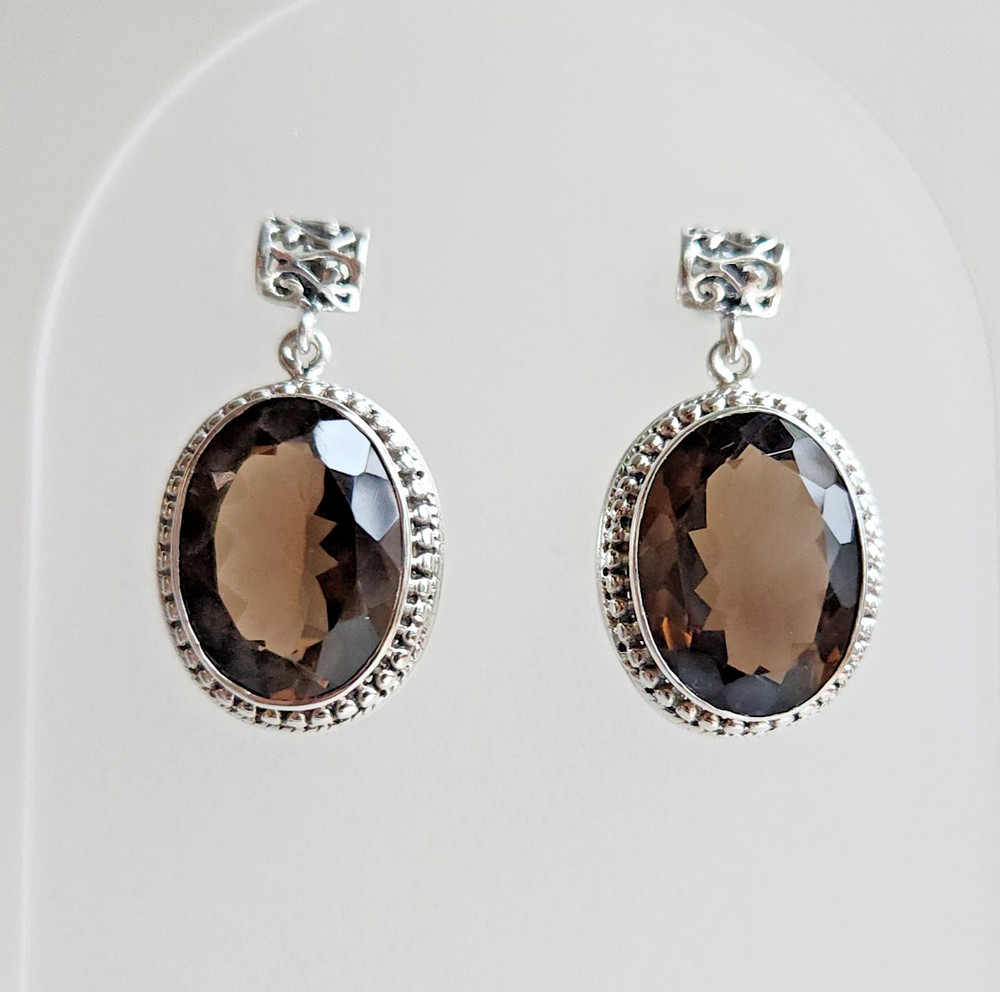 Vintage Sterling Silver Smoky Quartz Dangle Earrings | Oval Faceted Stones