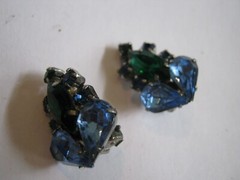 1960s Blue & Green Rhinestone Clip On Earrings, Compare @ $35 on Etsy